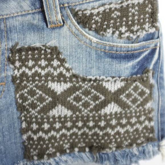 SIWY rose Jean Shorts Cutoff Decorative Sweater Patches Front Side Zipper - Picture 4 of 7